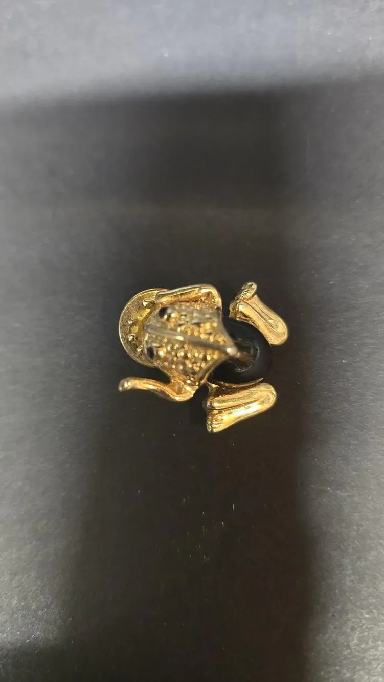 Gold Tone Frog Lapel Pin Black Cabochon Jelly Belly Tie Tack Costume Jewelry